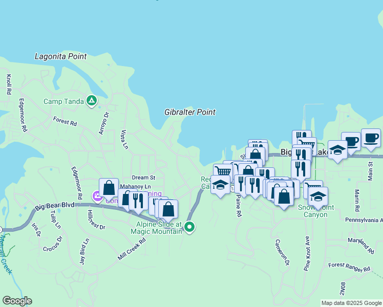 map of restaurants, bars, coffee shops, grocery stores, and more near 494 Lakeview Court in Big Bear Lake