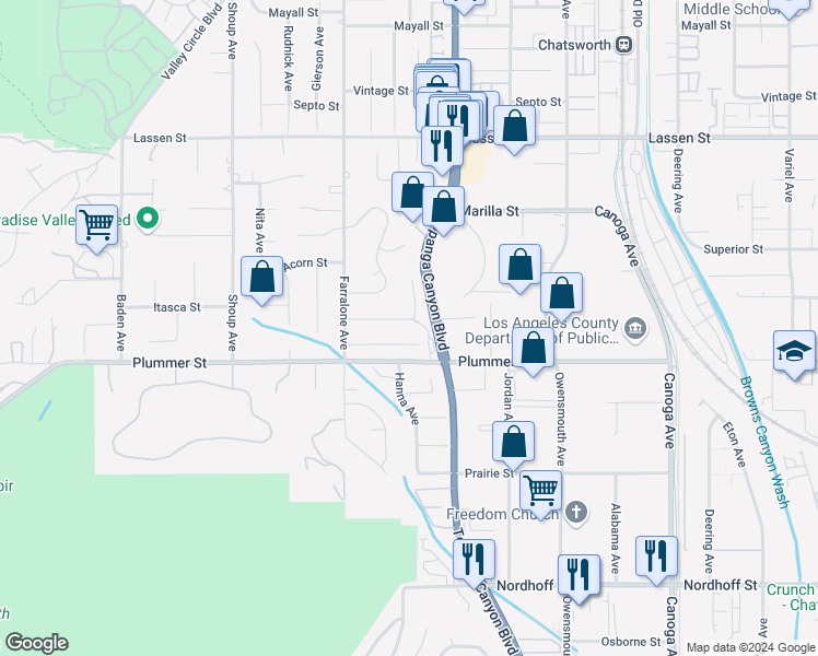 map of restaurants, bars, coffee shops, grocery stores, and more near 22052 Halsted Street in Los Angeles