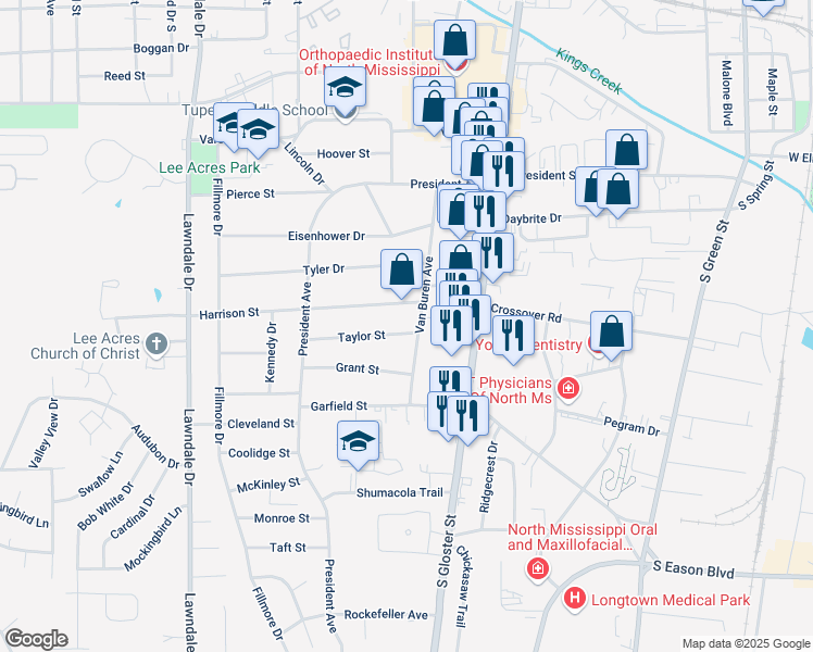 map of restaurants, bars, coffee shops, grocery stores, and more near 905 Taylor Street in Tupelo