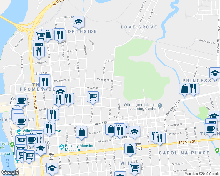 map of restaurants, bars, coffee shops, grocery stores, and more near 701 North 11th Street in Wilmington