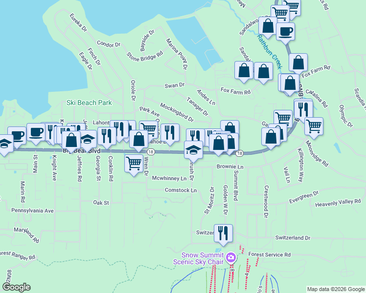 map of restaurants, bars, coffee shops, grocery stores, and more near 41656 Big Bear Boulevard in Big Bear Lake