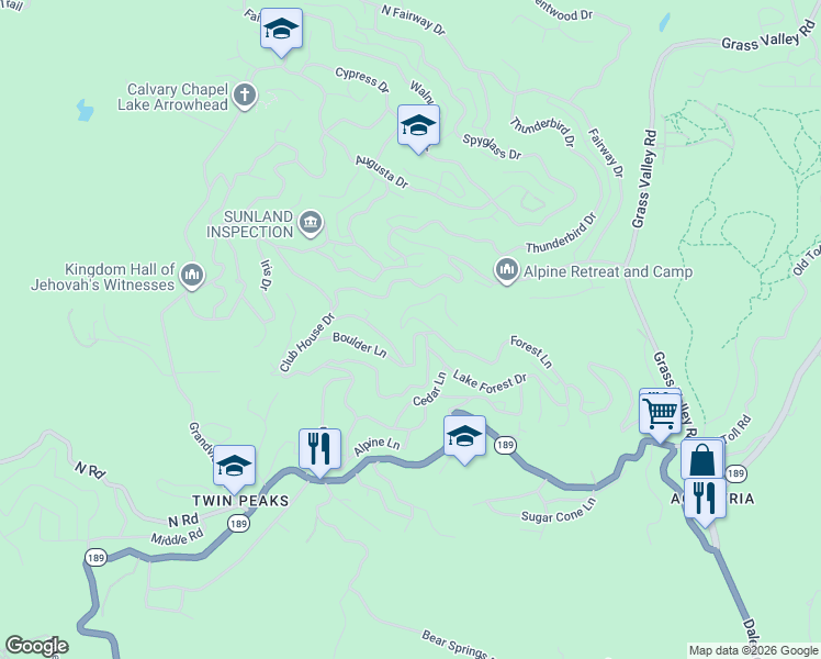 map of restaurants, bars, coffee shops, grocery stores, and more near 26297 Lake Forest Drive in Twin Peaks