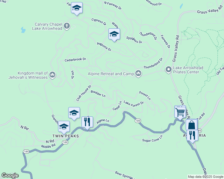 map of restaurants, bars, coffee shops, grocery stores, and more near 26314 Jacqueline Road in Lake Arrowhead