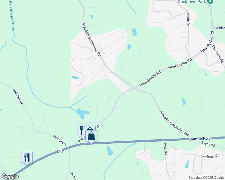 map of restaurants, bars, coffee shops, grocery stores, and more near Maggie Mae Lane in Forsyth County