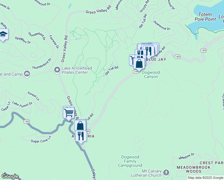 map of restaurants, bars, coffee shops, grocery stores, and more near 27036 California 189 in Lake Arrowhead