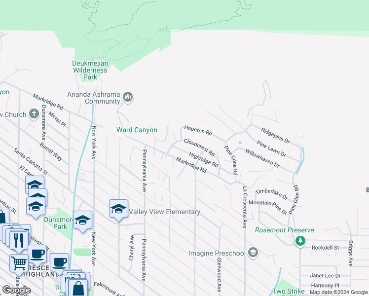 map of restaurants, bars, coffee shops, grocery stores, and more near 3035 Highridge Road in La Crescenta-Montrose