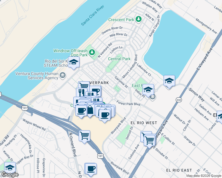 map of restaurants, bars, coffee shops, grocery stores, and more near 600 Flathead River Street in Oxnard