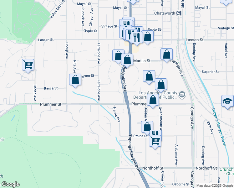 map of restaurants, bars, coffee shops, grocery stores, and more near 22052 Halsted Street in Los Angeles