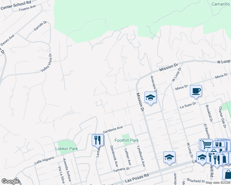 map of restaurants, bars, coffee shops, grocery stores, and more near 152 San Miguel Drive in Camarillo