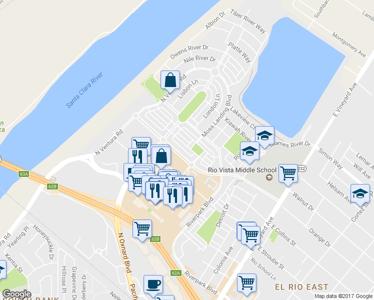 map of restaurants, bars, coffee shops, grocery stores, and more near 600 Flathead River Street in Oxnard