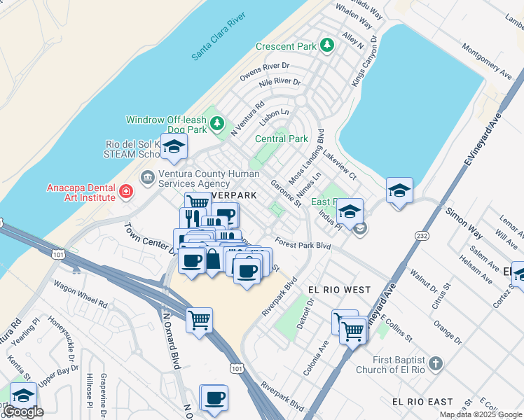 map of restaurants, bars, coffee shops, grocery stores, and more near 600 Flathead River Street in Oxnard