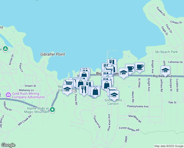 map of restaurants, bars, coffee shops, grocery stores, and more near 40670 Big Bear Boulevard in Big Bear Lake