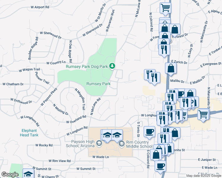 map of restaurants, bars, coffee shops, grocery stores, and more near 325 North McLane Road in Payson