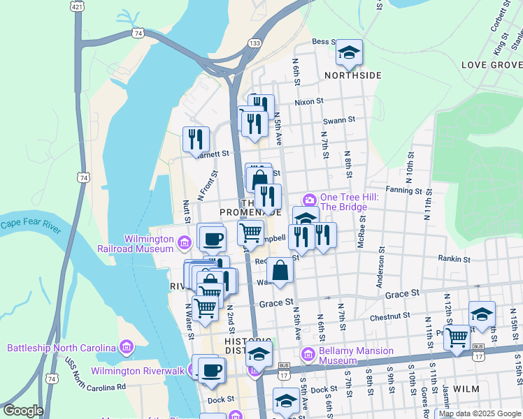map of restaurants, bars, coffee shops, grocery stores, and more near 709 North 4th Street in Wilmington