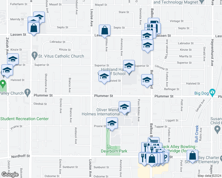 map of restaurants, bars, coffee shops, grocery stores, and more near 9525 Wish Avenue in Los Angeles