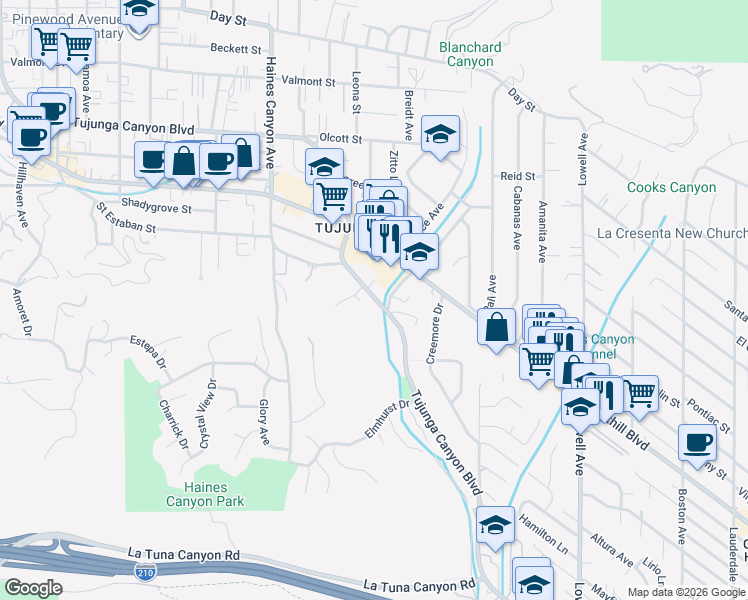 map of restaurants, bars, coffee shops, grocery stores, and more near 9717 Tujunga Canyon Boulevard in Los Angeles