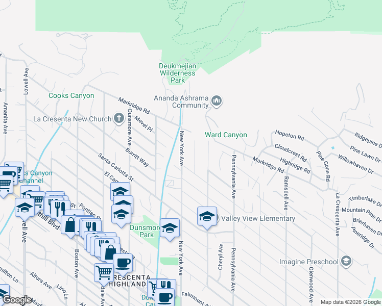 map of restaurants, bars, coffee shops, grocery stores, and more near 5135 Finehill Avenue in Glendale
