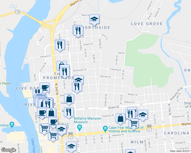 map of restaurants, bars, coffee shops, grocery stores, and more near 699 North 8th Street in Wilmington