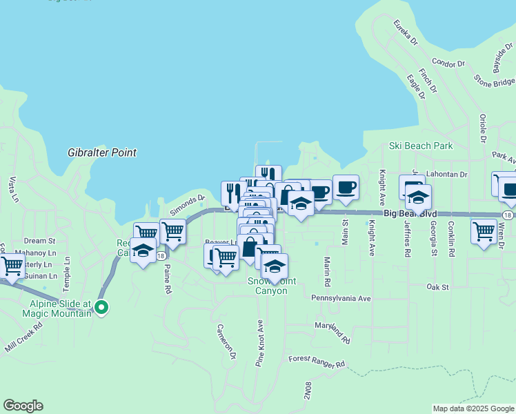 map of restaurants, bars, coffee shops, grocery stores, and more near 2 Bear Lake Drive in Big Bear Lake