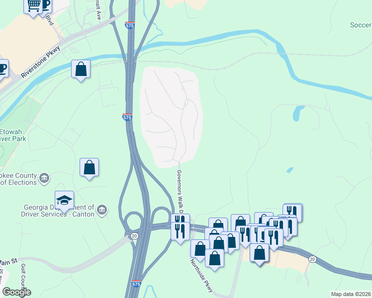 map of restaurants, bars, coffee shops, grocery stores, and more near 6015 Governors Walk Drive in Canton