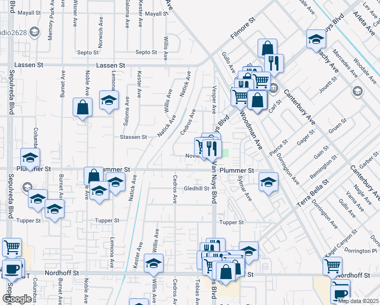 map of restaurants, bars, coffee shops, grocery stores, and more near 14650 Novice Street in Los Angeles