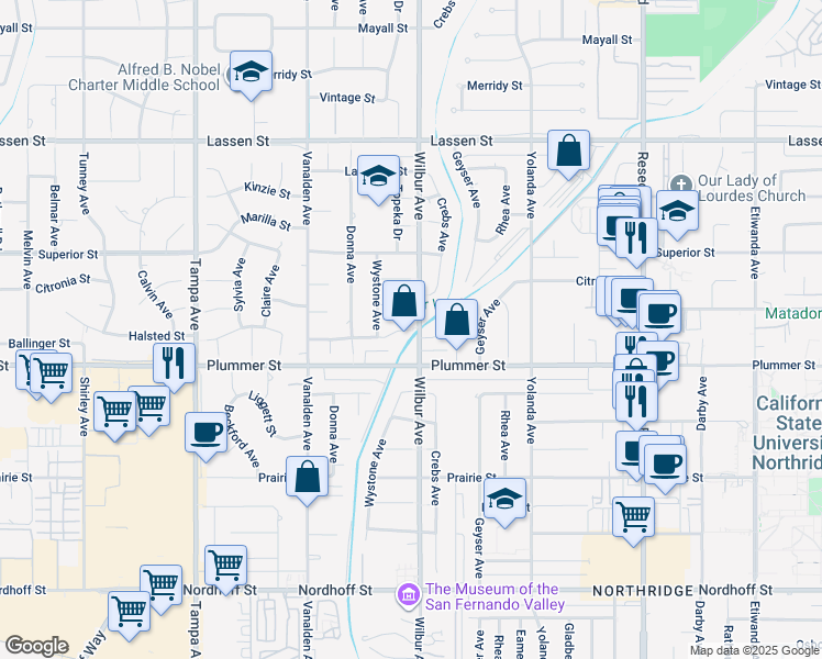 map of restaurants, bars, coffee shops, grocery stores, and more near 9521 Wilbur Avenue in Los Angeles