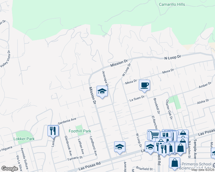 map of restaurants, bars, coffee shops, grocery stores, and more near 566 Anacapa Drive in Camarillo