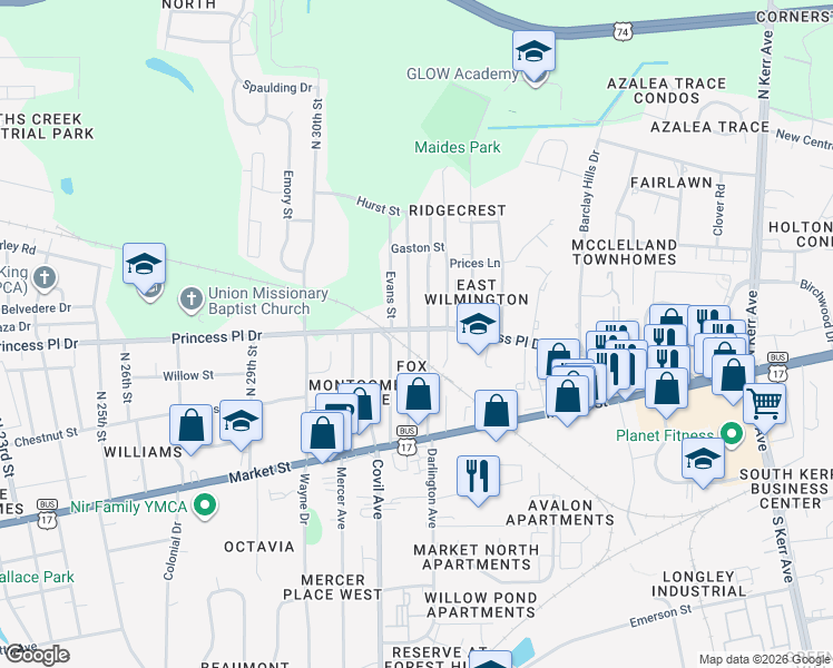 map of restaurants, bars, coffee shops, grocery stores, and more near 312 Henry Street in Wilmington