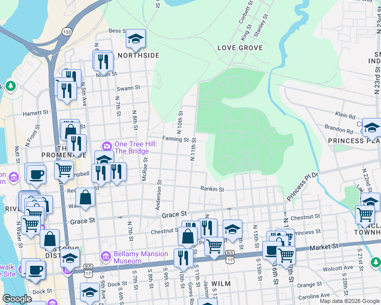map of restaurants, bars, coffee shops, grocery stores, and more near 1004 Hanover Street in Wilmington