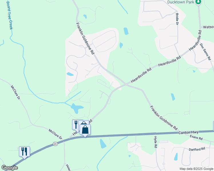 map of restaurants, bars, coffee shops, grocery stores, and more near Maggie Mae Lane in Forsyth County