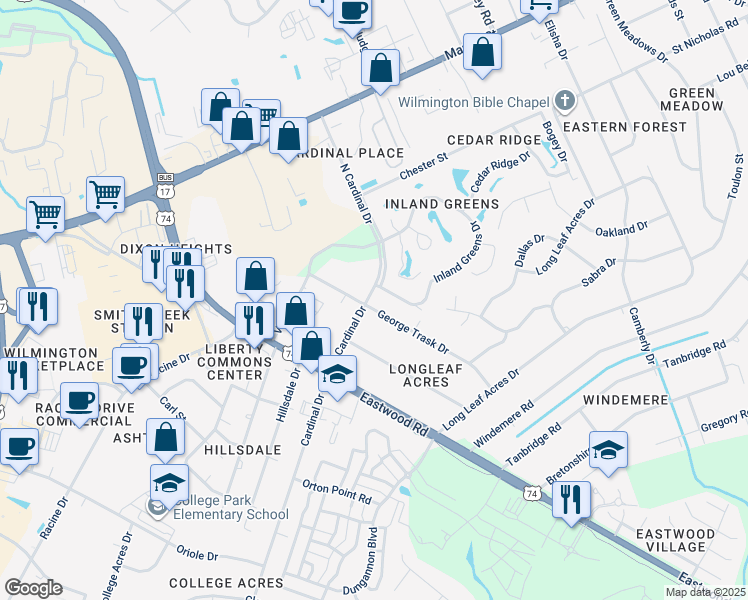 map of restaurants, bars, coffee shops, grocery stores, and more near 701 George Trask Drive in Wilmington
