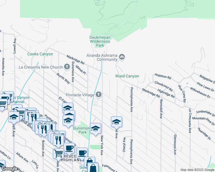 map of restaurants, bars, coffee shops, grocery stores, and more near 5135 Finehill Avenue in Glendale