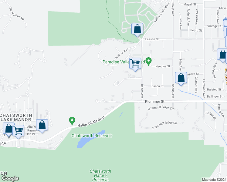 map of restaurants, bars, coffee shops, grocery stores, and more near 22751 Plummer Street in Los Angeles