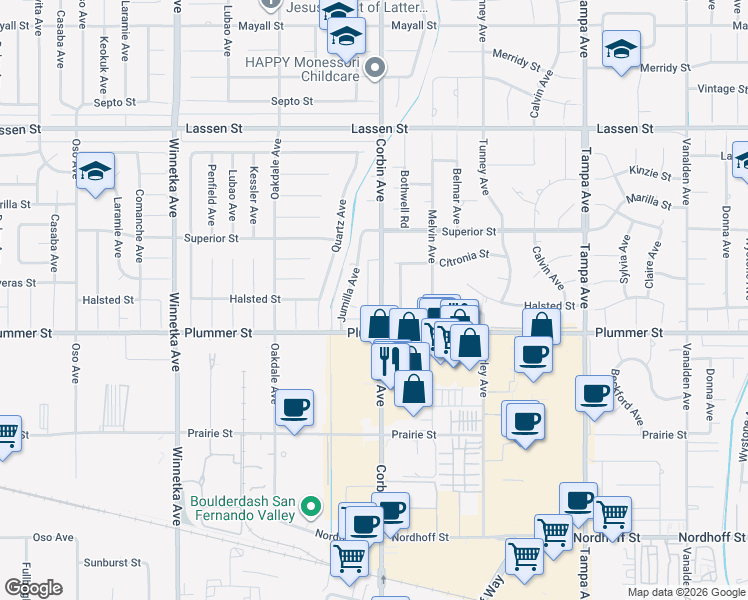 map of restaurants, bars, coffee shops, grocery stores, and more near 9601 Corbin Avenue in Los Angeles