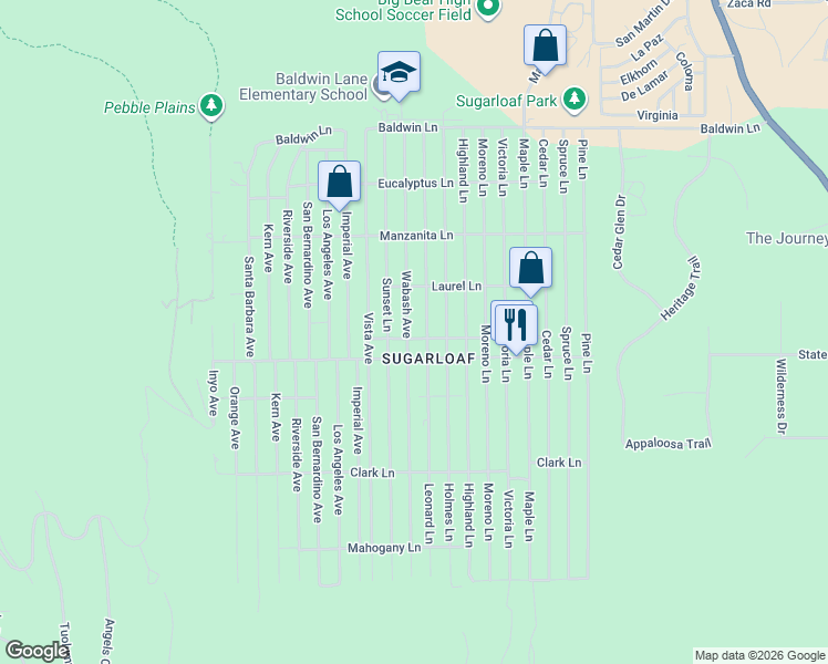 map of restaurants, bars, coffee shops, grocery stores, and more near 465 Wabash Avenue in Big Bear