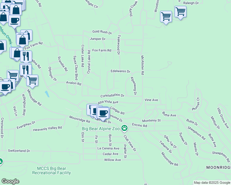 map of restaurants, bars, coffee shops, grocery stores, and more near 42703 Constellation Drive in Big Bear Lake