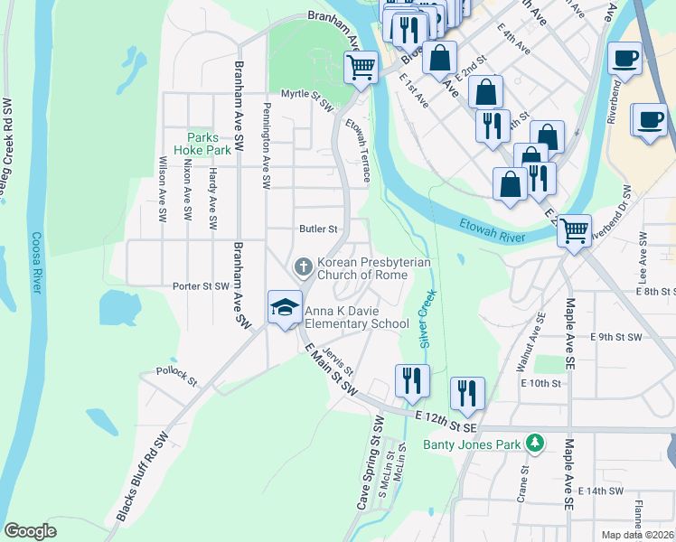 map of restaurants, bars, coffee shops, grocery stores, and more near 546 South Broad Street in Rome