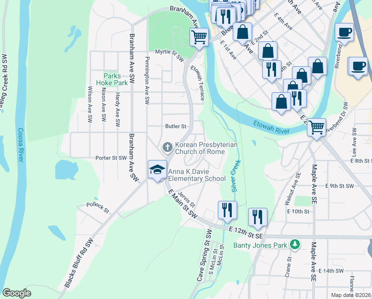 map of restaurants, bars, coffee shops, grocery stores, and more near 546 South Broad Street in Rome