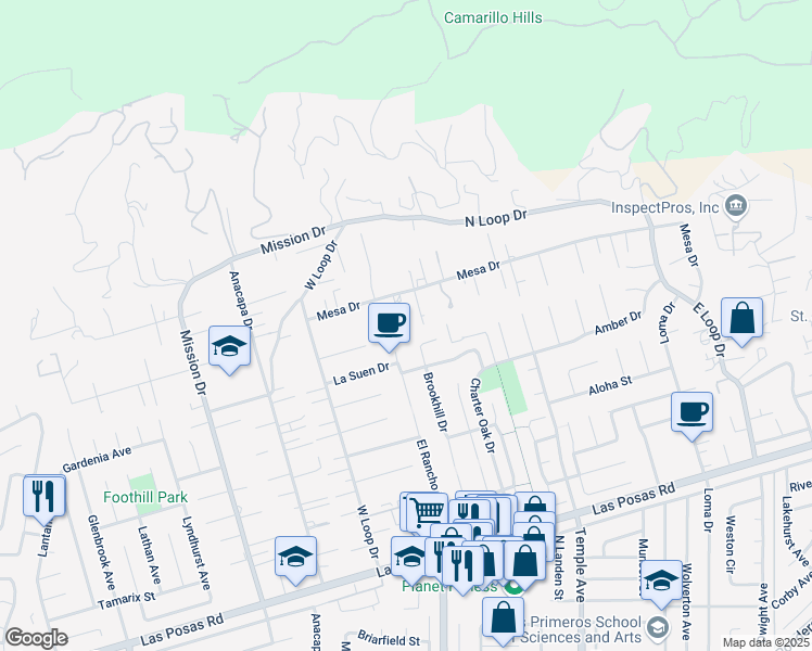map of restaurants, bars, coffee shops, grocery stores, and more near 284 Mesa Drive in Camarillo