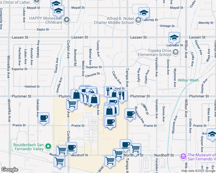 map of restaurants, bars, coffee shops, grocery stores, and more near 19377 Halsted Street in Los Angeles