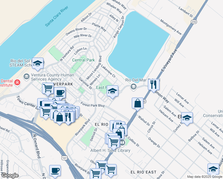 map of restaurants, bars, coffee shops, grocery stores, and more near 3104 Roia Lane in Oxnard