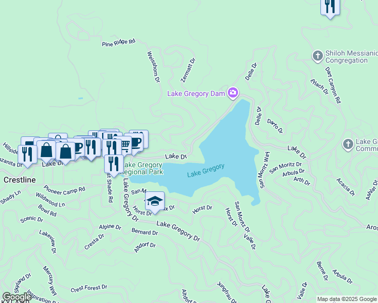 map of restaurants, bars, coffee shops, grocery stores, and more near 24385 Zurich Drive in Crestline
