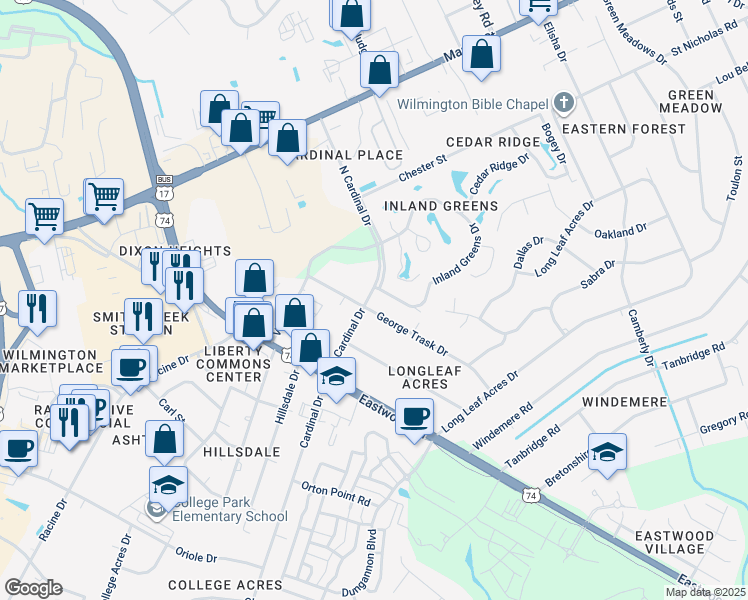 map of restaurants, bars, coffee shops, grocery stores, and more near 701 George Trask Drive in Wilmington