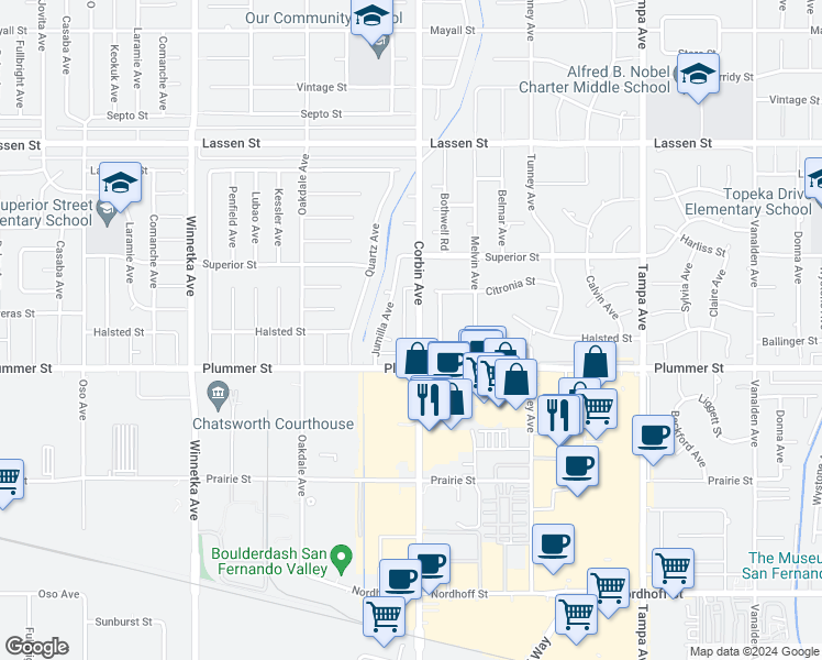 map of restaurants, bars, coffee shops, grocery stores, and more near 9601 Corbin Avenue in Los Angeles