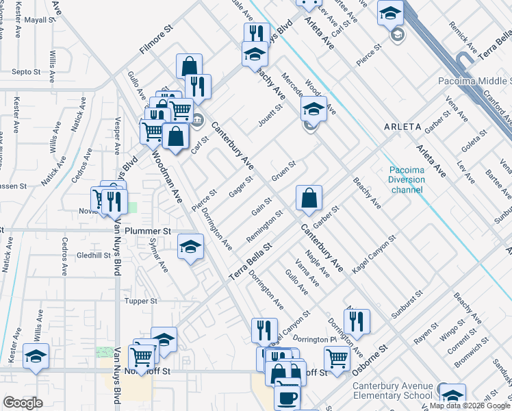 map of restaurants, bars, coffee shops, grocery stores, and more near 14137 Gain Street in Los Angeles