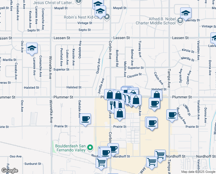 map of restaurants, bars, coffee shops, grocery stores, and more near 9601 Corbin Avenue in Los Angeles