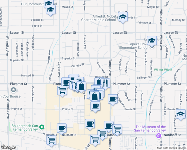 map of restaurants, bars, coffee shops, grocery stores, and more near 19377 Halsted Street in Los Angeles