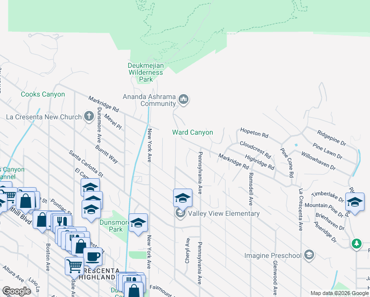 map of restaurants, bars, coffee shops, grocery stores, and more near 3228 Rimhill Road in Glendale