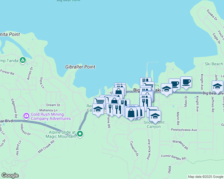 map of restaurants, bars, coffee shops, grocery stores, and more near 40598 Big Bear Boulevard in Big Bear Lake