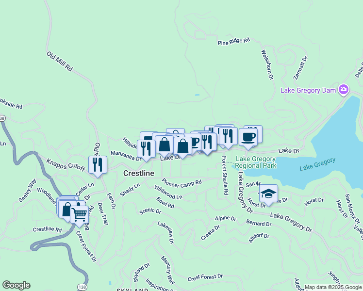 map of restaurants, bars, coffee shops, grocery stores, and more near 23889 Springwater Road in Crestline